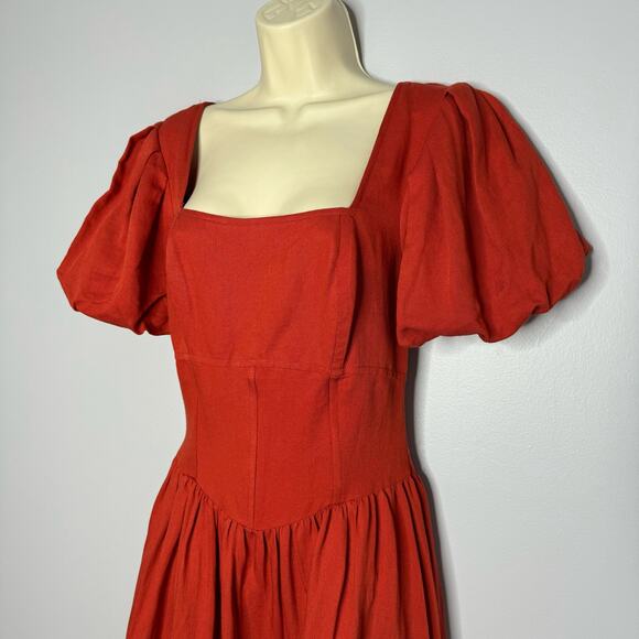 Anthropologie Currect Air Square-Neck Puff-Sleeved Midi Dress Linen Blend Sz XS - Picture 8 of 15